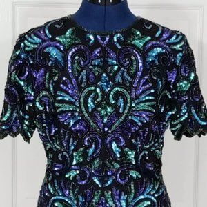 Vintage Women's Top Small Laurence Kazar Blue Teal Purple Beads Sequins on Black